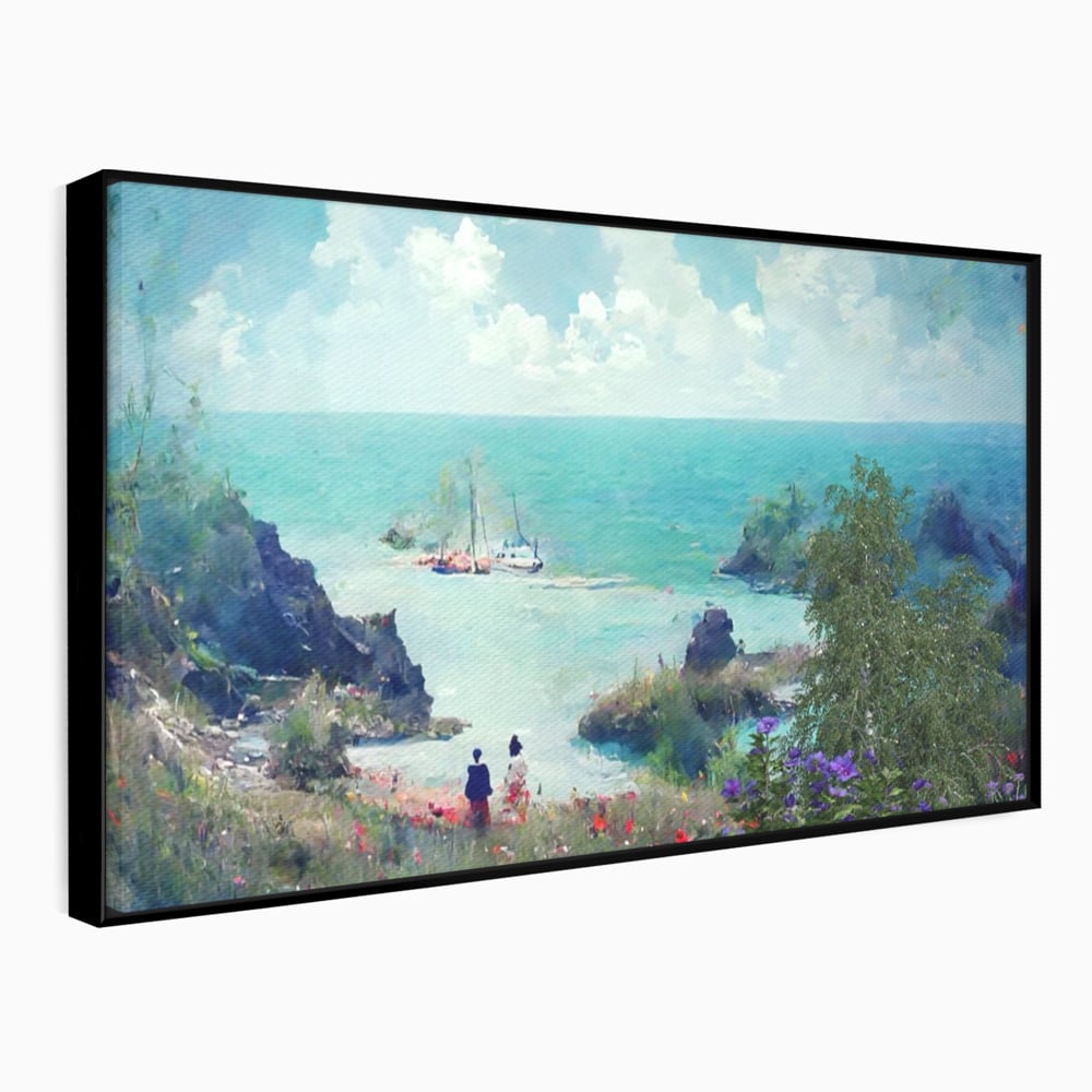 Tablou canvas cu pictura peisaj marin cu oameni si flori, in rama de aluminiu negru